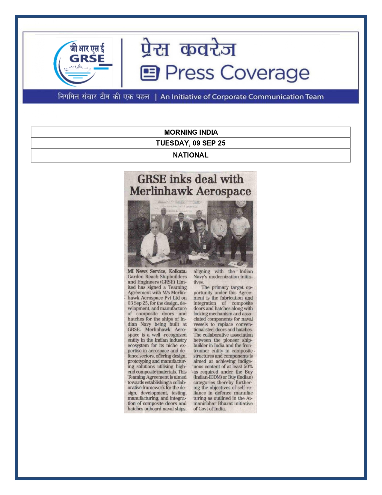 Press Coverage : 09 Sept 25:GRSE inks deal with Merlinhawk Aerospace